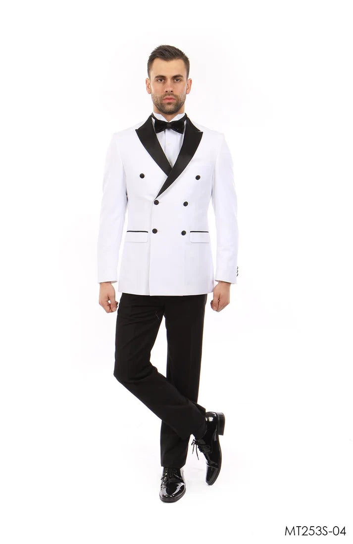 White on Black Satin Peak Lapel Double-Breasted Slim Fit 2-Piece Tuxedo – BM MT253S