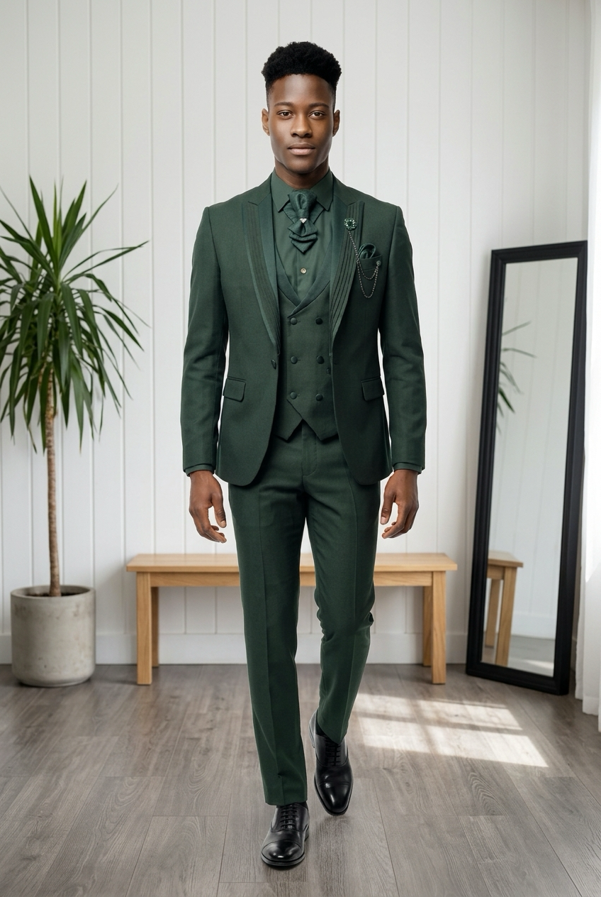 Made In Turkey Slim Fit Jacquard fabric Peak Lapel Collar Suit - Emerald Green 38 Made In Turkey Slim Fit Jacquard fabric Peak Lapel Collar Suit - Emerald Green 38