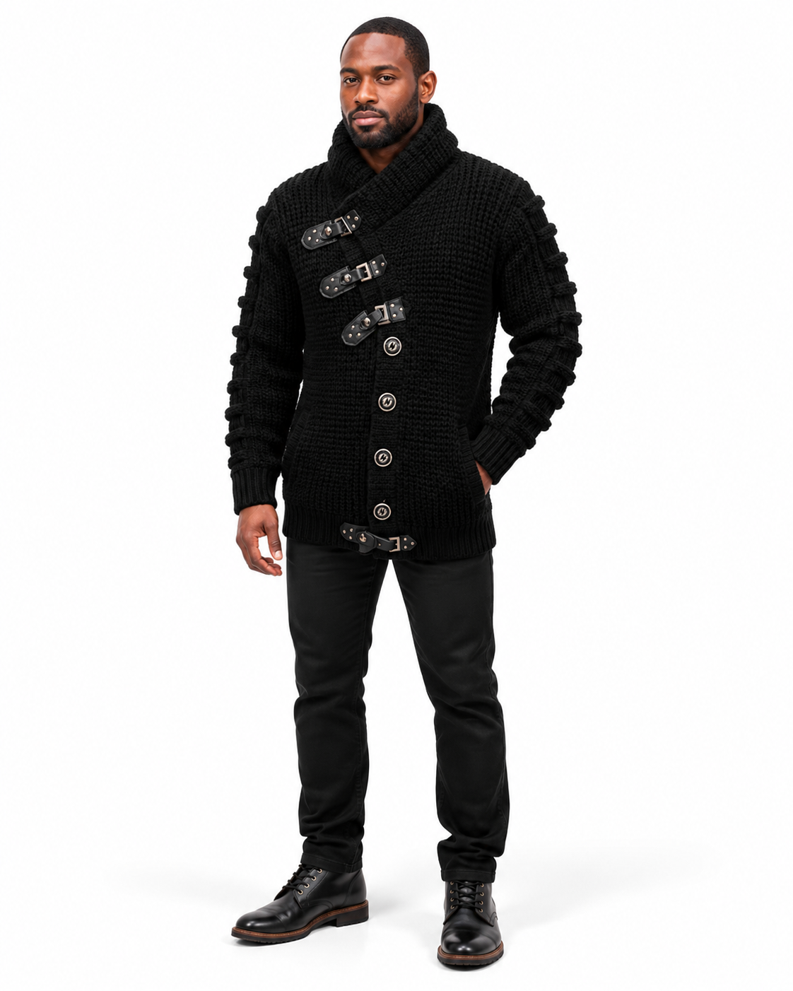 LCR Black Edition Buckle Strap Shawl Collar Cardigan Sweater in Black, styled on model