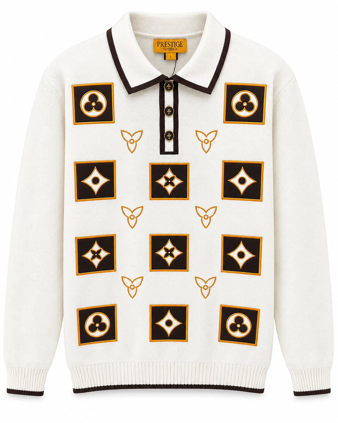 Prestige Original Men's Embroidered Polo Sweater in White / Brown – men's Prestige Original at Turning Point, Baltimore