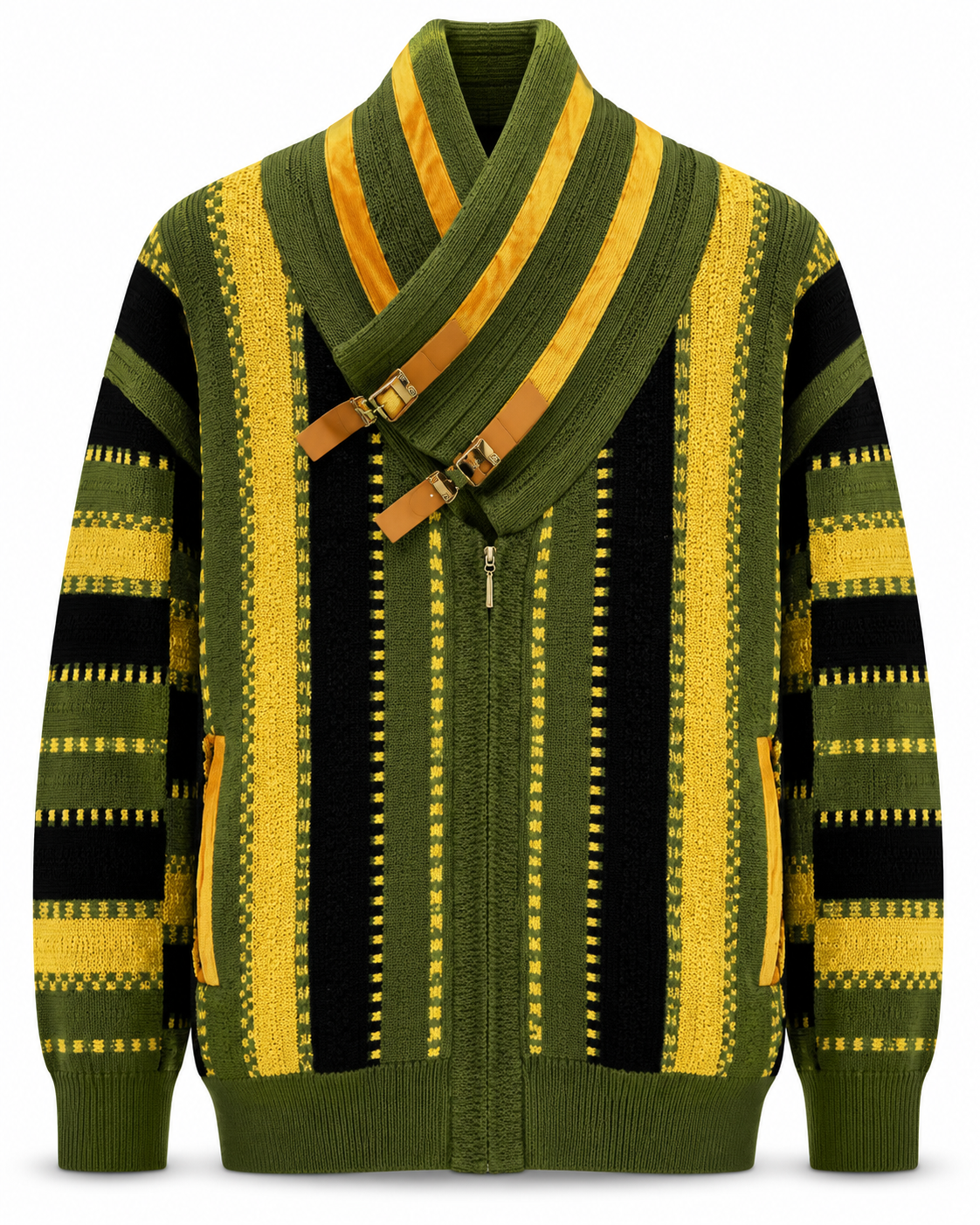 Silversilk Men's Striped Buckle Shawl Sweater in Olive / Yellow / Black – men's Silversilk at Turning Point, Baltimore