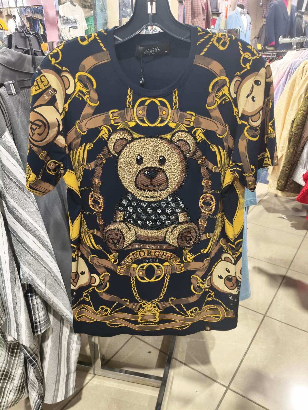 George V Teddy Bear Allover Short Sleeve T-Shirt - teddy-allover-black-front.jpg