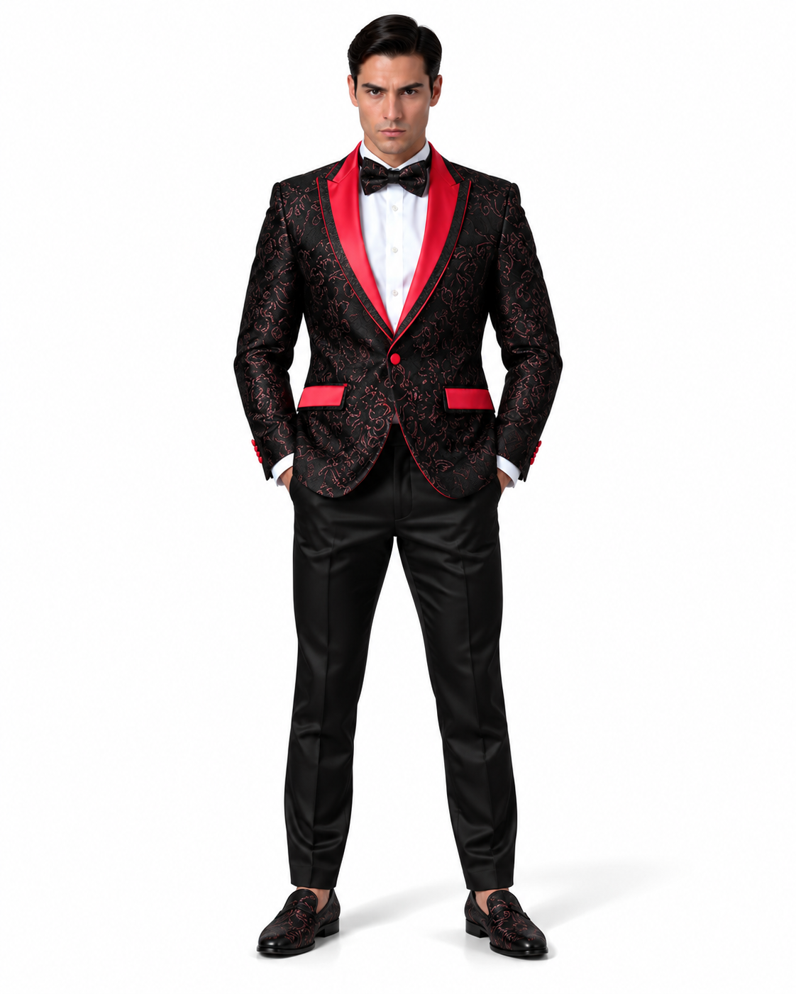 Manzini Men's Designer Blazer – Black Paisley with Red Lapel - Manzini designer blazer photo 3 - 06061481-37f9-47d4-8041-dfa0a4803a20.png