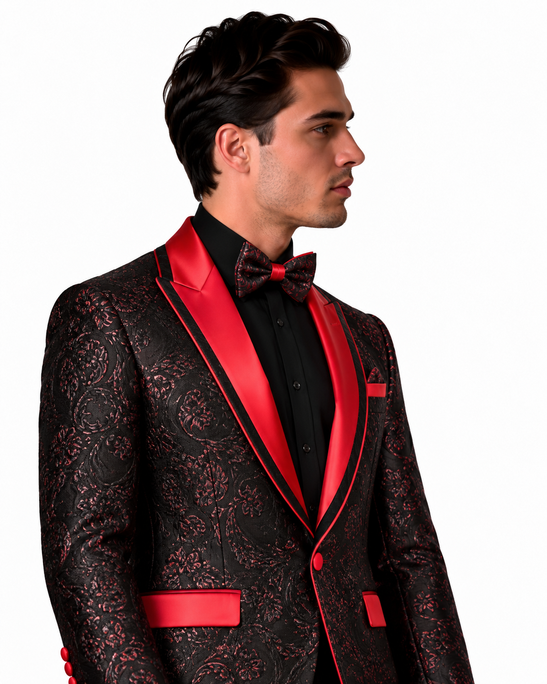 Manzini Men's Designer Blazer – Black Paisley with Red Lapel - Manzini designer blazer photo 7 - 0957d9aa-5bbc-445e-be7e-31ad0cb40146.png