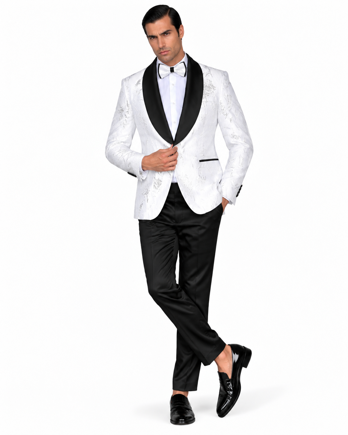 Manzini Men's Designer Blazer – White Jacquard, Black Lapel - Manzini designer blazer photo 6 - 17061fdf-bd9a-439f-9a61-477888e9bf3a.png