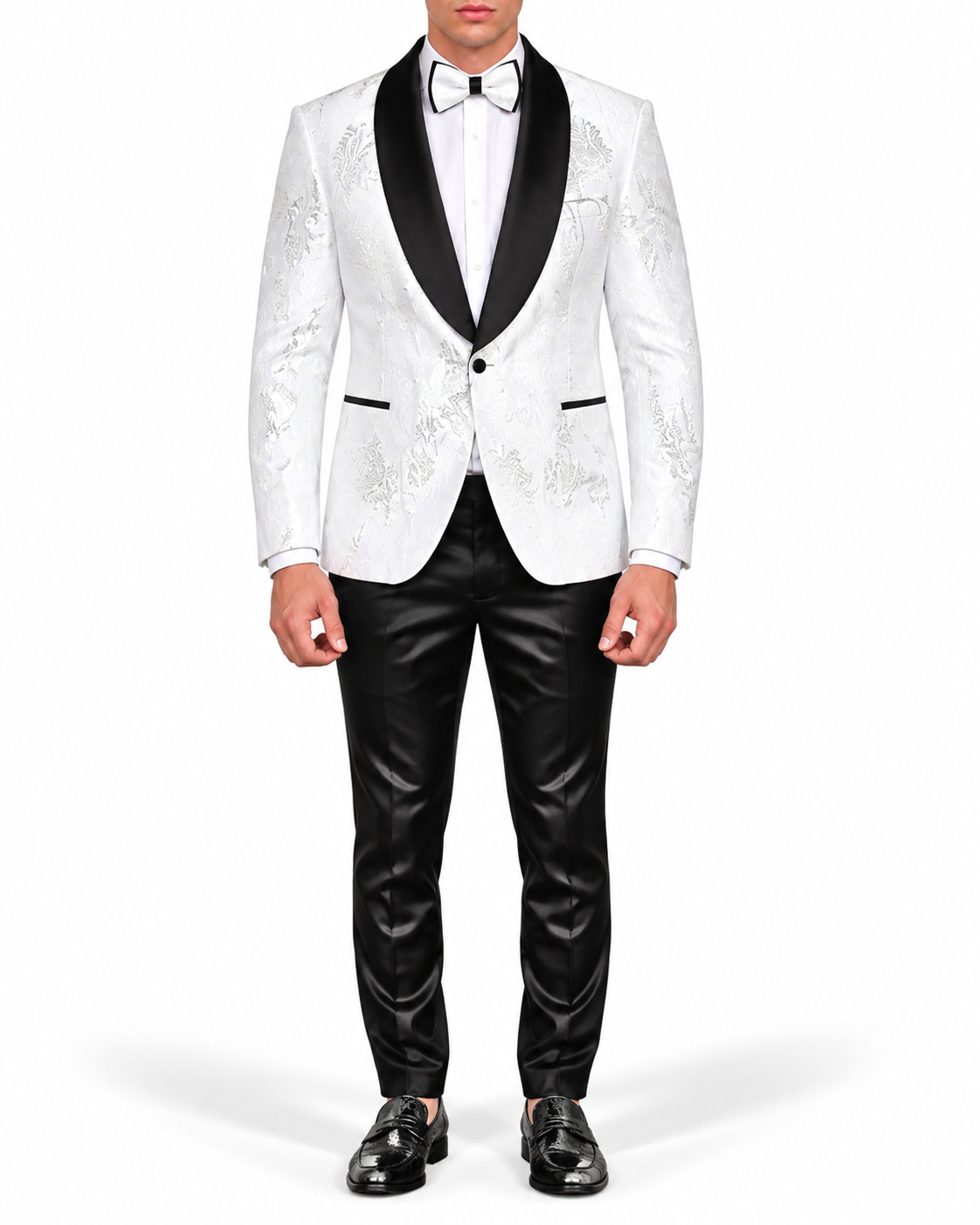 Manzini Men's Designer Blazer – White Jacquard, Black Lapel - Manzini designer blazer photo 2 - 1b7cb61e-b420-47bc-9c29-9dc86488f288.png