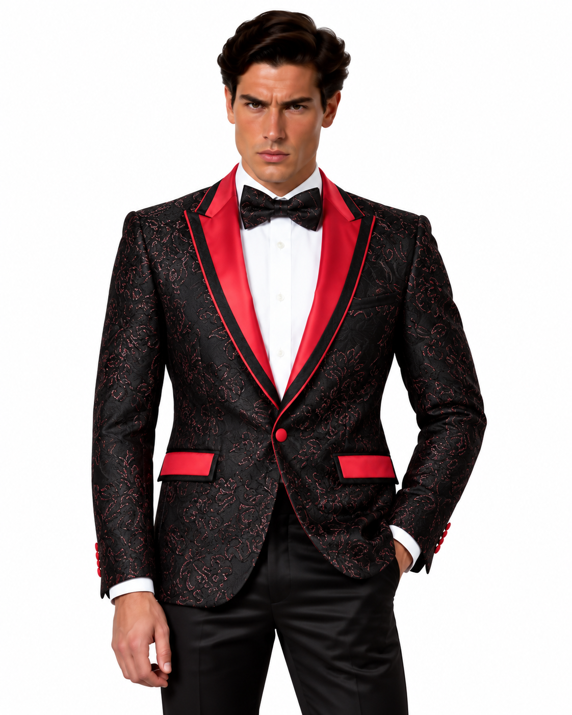 Manzini Men's Designer Blazer – Black Paisley with Red Lapel - Manzini designer blazer photo 1 - 2e21e740-aafb-4164-9d4f-0b9b0ed0878a.png
