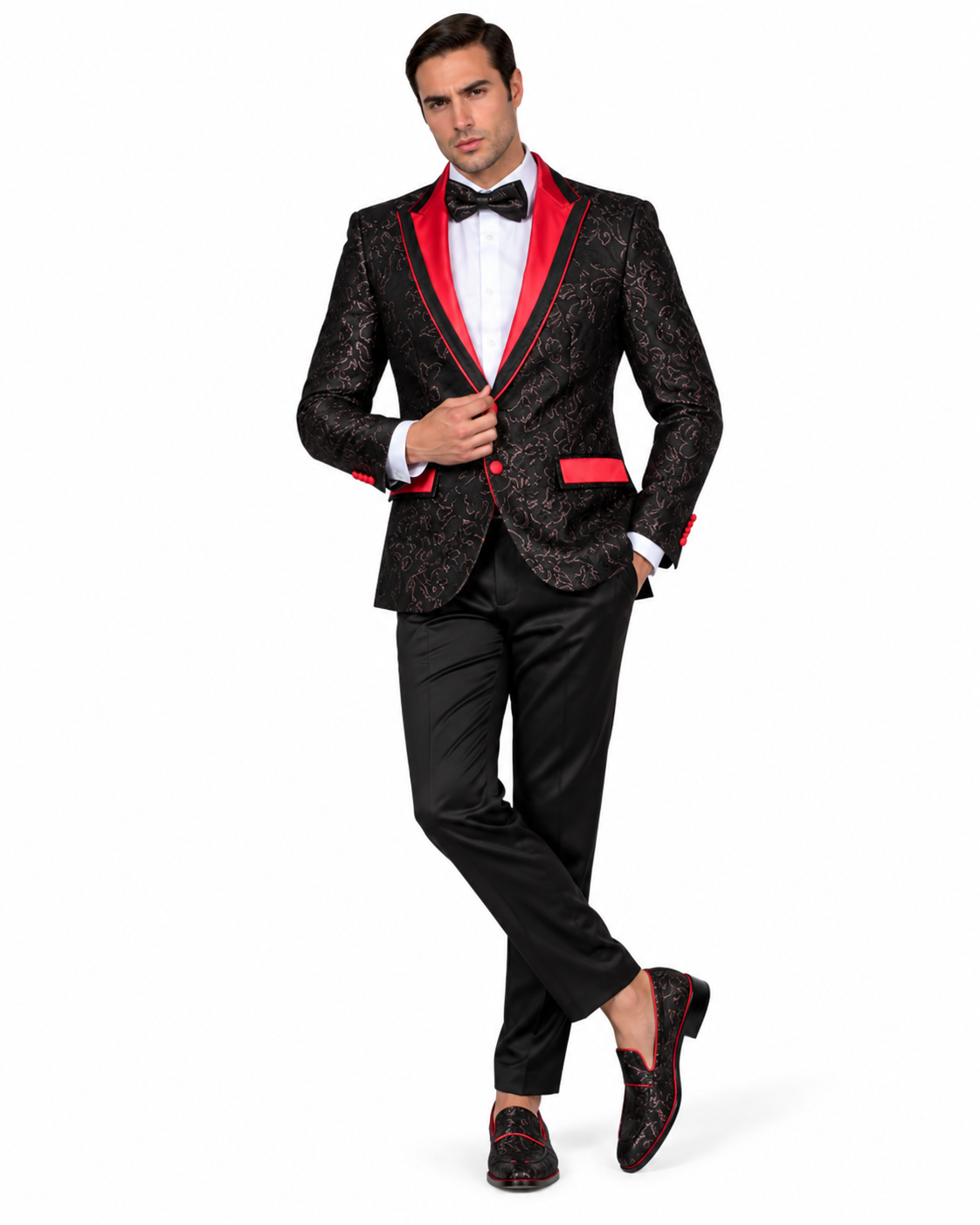 Manzini Men's Designer Blazer – Black Paisley with Red Lapel - Manzini designer blazer photo 6 - 30e779c7-1e43-4770-9b7f-6e9f50c075ad.png