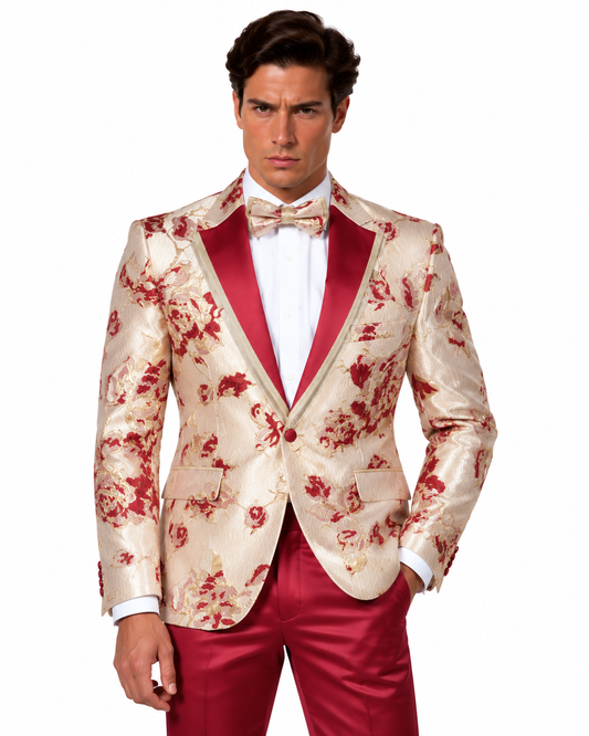 Manzini Men's Designer Blazer – Cream & Red Floral, Red Lapel - Manzini designer blazer photo 1 - 394083fb-ce88-4658-b1c6-c2a6b09cf261.png
