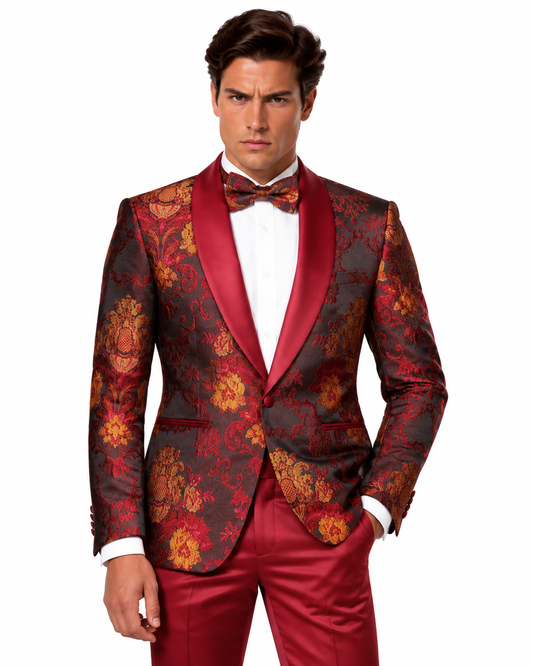 Manzini Men's Designer Blazer – Black, Red & Gold Floral - Manzini designer blazer photo 1 - 4797928d-bd41-4cb0-8dce-ef36d6a16a9c.png