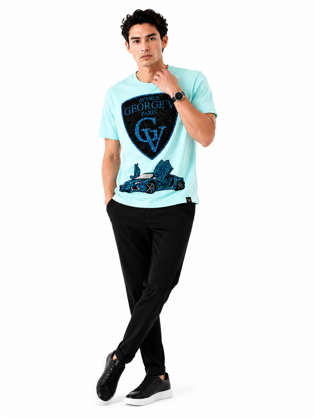 George V Crest Car Short Sleeve T-Shirt - Light Blue / Blue - front - 5346e762-515f-473c-a166-2ac924fb898f.png