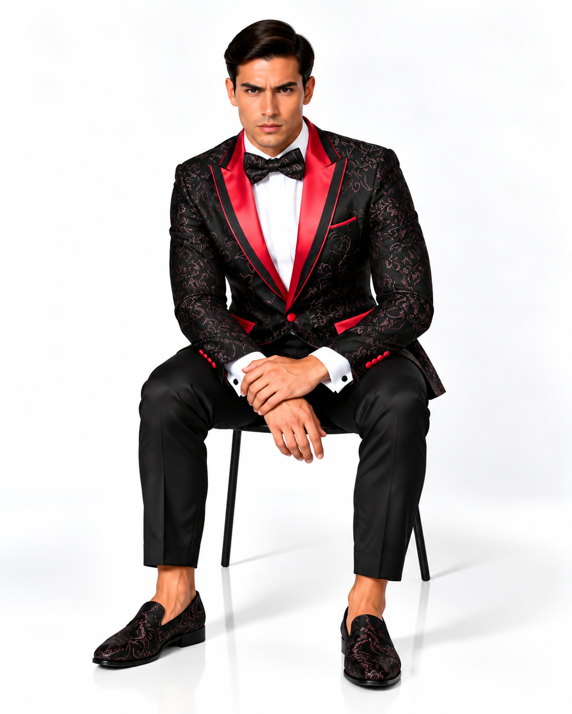 Manzini Men's Designer Blazer – Black Paisley with Red Lapel - Manzini designer blazer photo 5 - 548bc2b6-dec3-4da8-882a-7ba8c1271062.png