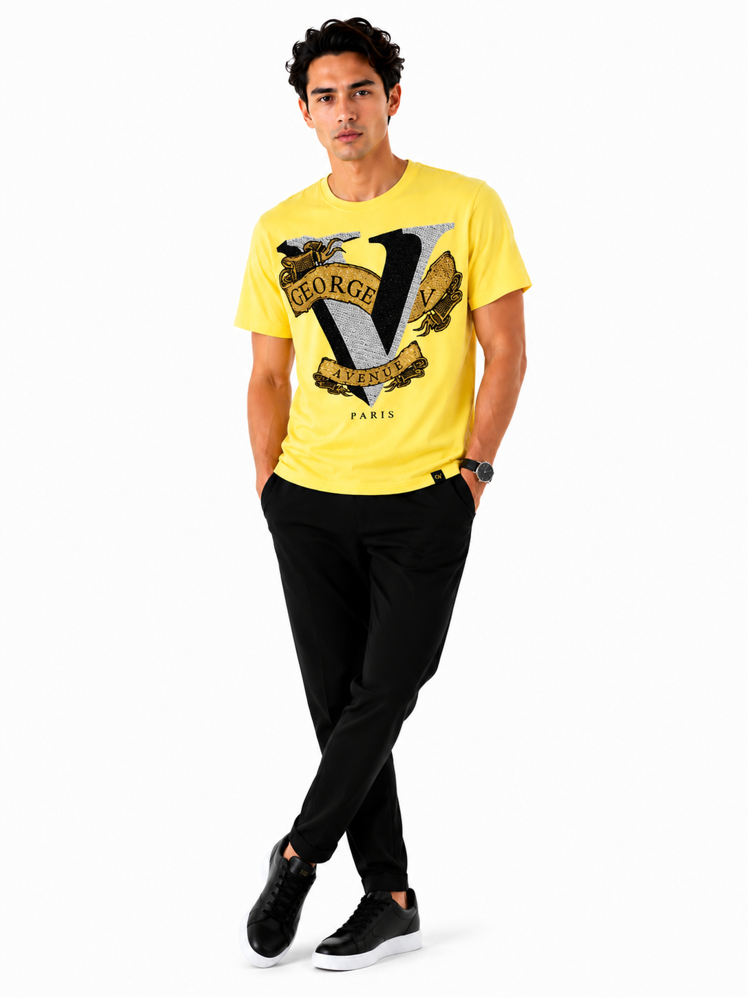George V Ribbon V Short Sleeve T-Shirt - Yellow - front - 6b2c50c9-45d9-4da6-bbdc-193f3d113acd.png