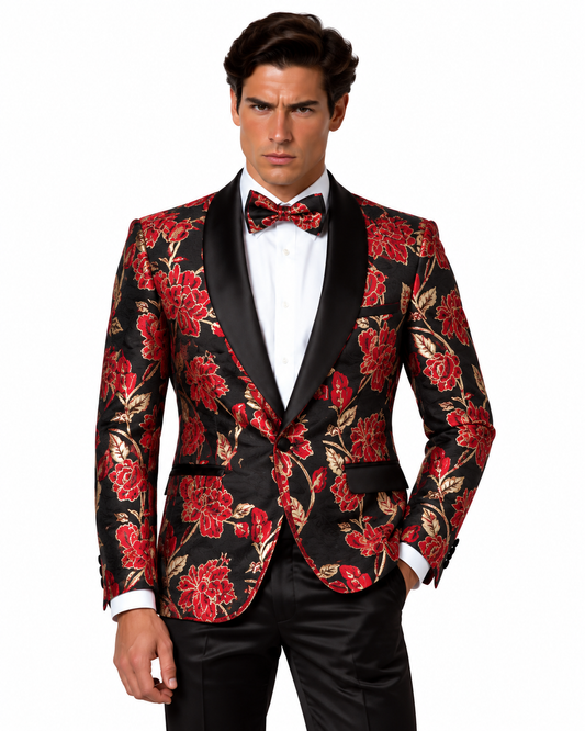 Manzini Men's Designer Blazer – Black & Red Rose Floral - Manzini designer blazer photo 1 - 6f269b97-feee-45cb-bd6c-8546f5ba641c.png