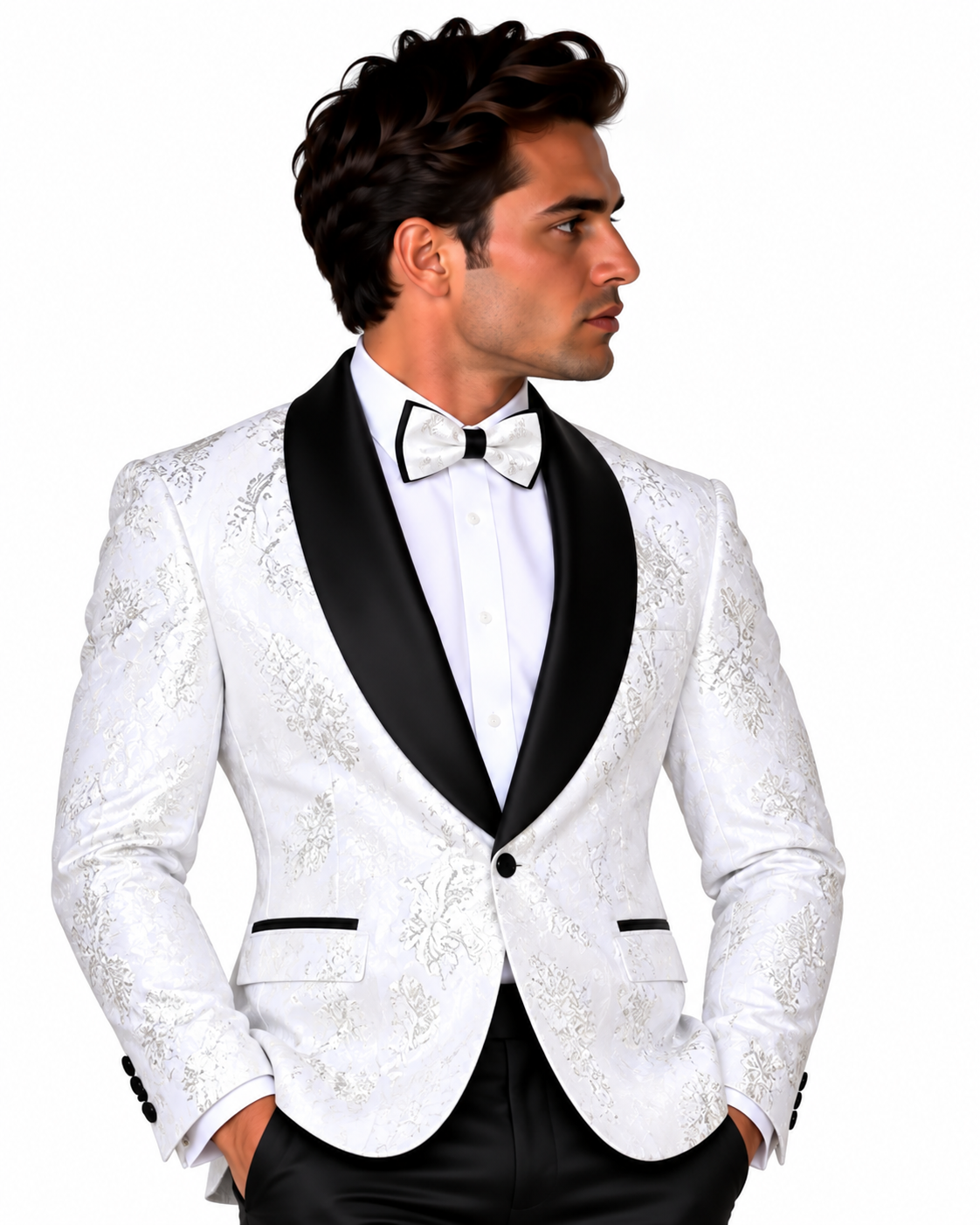 Manzini Men's Designer Blazer – White Jacquard, Black Lapel - Manzini designer blazer photo 7 - 724c341a-1ffa-4b73-b8b2-1341e6018065.png