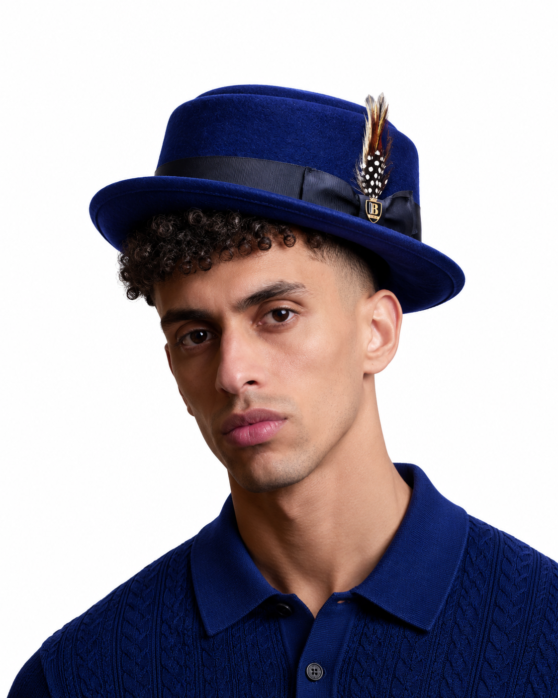 Man wearing navy blue wool felt pork pie hat – front view