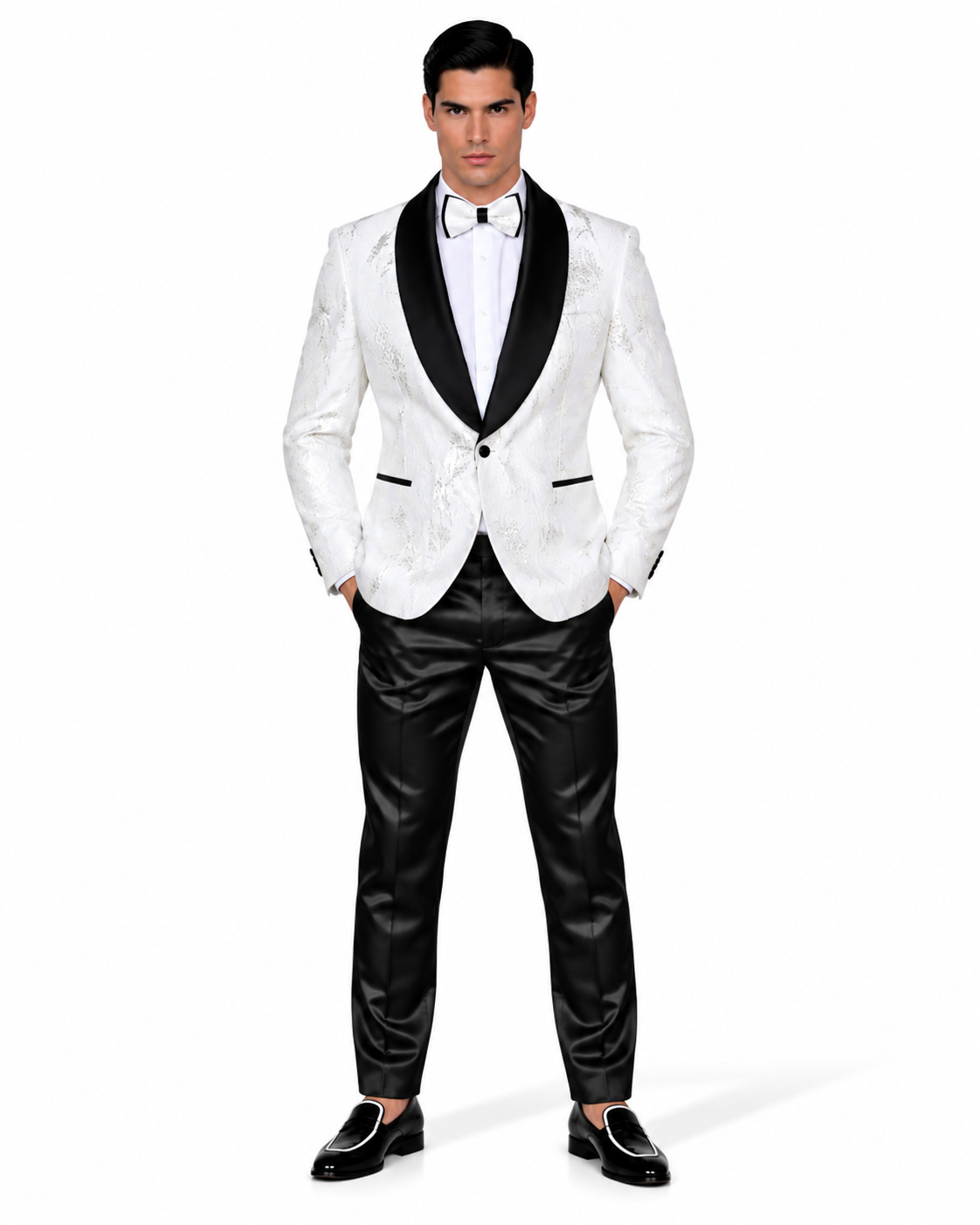 Manzini Men's Designer Blazer – White Jacquard, Black Lapel - Manzini designer blazer photo 3 - 7f3fd7d4-87b8-4d21-a34e-b9a57672a5cf.png