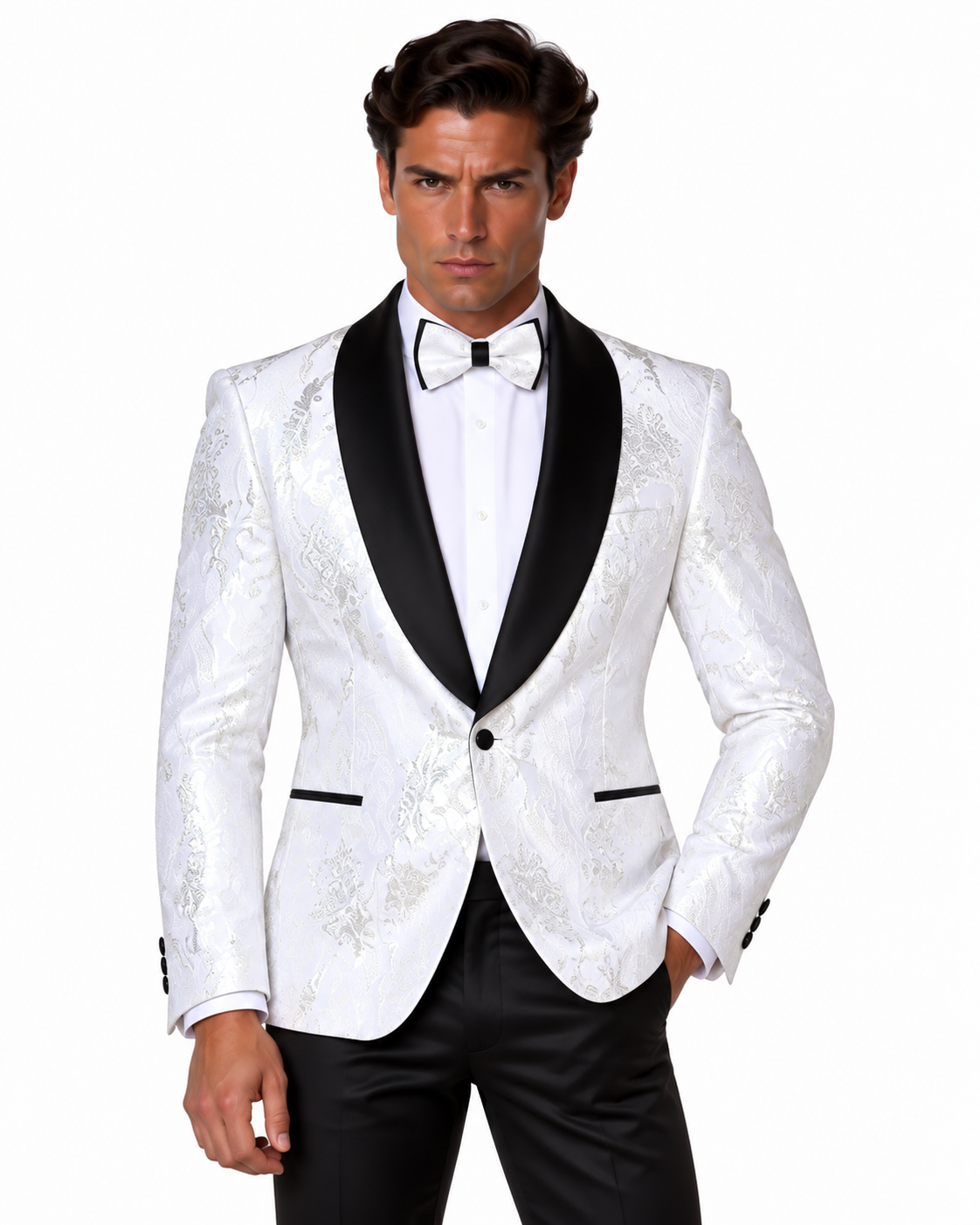 Manzini Men's Designer Blazer – White Jacquard, Black Lapel - Manzini designer blazer photo 1 - 82c250a5-ce35-41bc-86a4-380e913cb619.png