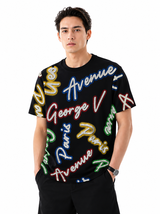 George V Allover Script Short Sleeve T-Shirt - Black - front - 883ff195-01d5-4133-8418-90e397e93840.png