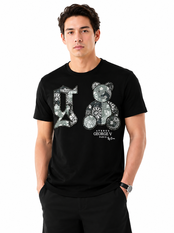 Man wearing Avenue George V Men's Teddy Bear Black T-Shirt – men's graphic tee at Turning Point, Baltimore