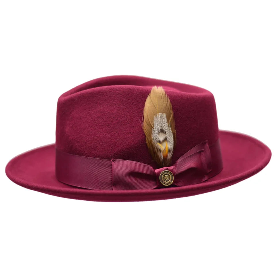 Bel-Air Collection Crushable Wool Felt Fedora Hat with Bruno Pin – Burgundy