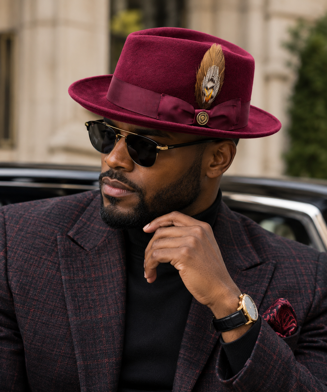 Bel-Air Collection Crushable Wool Felt Fedora Hat with Bruno Pin – Burgundy