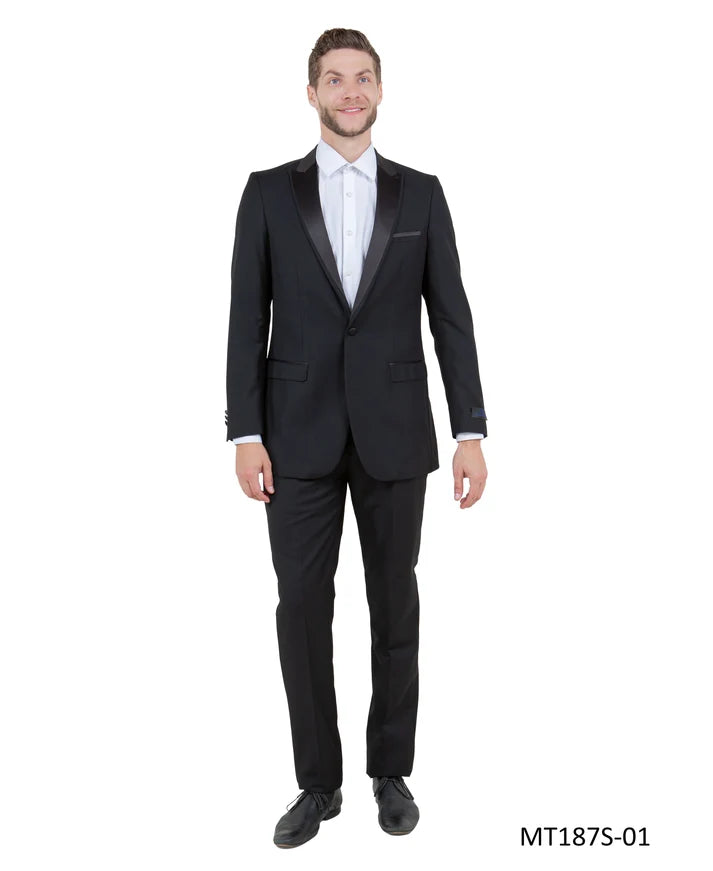 Black on Black Satin Peak Lapel Slim Fit 2-Piece Tuxedo – BM MT187S