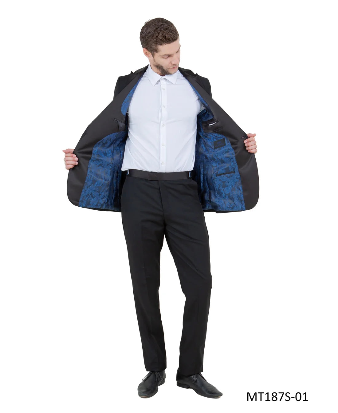 Black on Black Satin Peak Lapel Slim Fit 2-Piece Tuxedo – BM MT187S