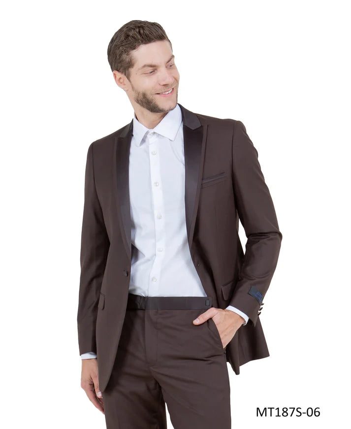 Brown on Brown Satin Peak Lapel Slim Fit 2-Piece Tuxedo – BM MT187S