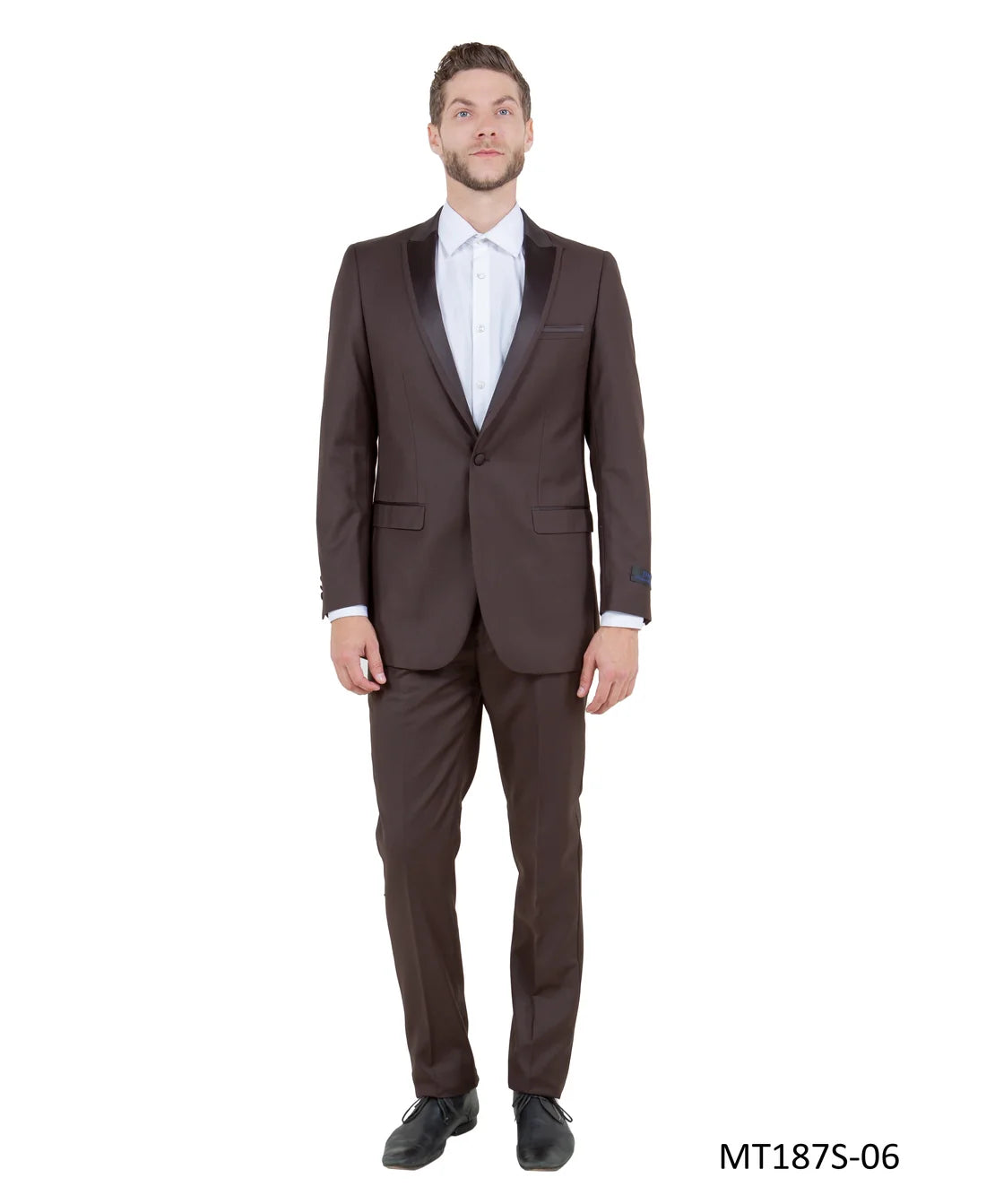 Brown on Brown Satin Peak Lapel Slim Fit 2-Piece Tuxedo – BM MT187S