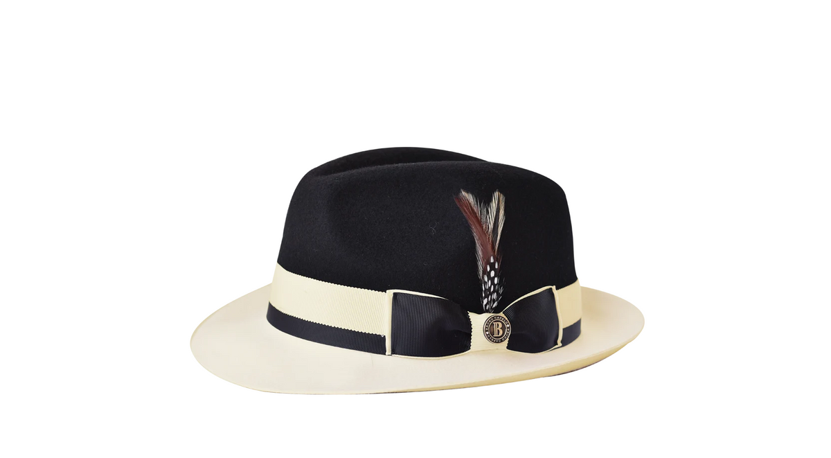 Caeser Collection 2-Tone Wool Felt Fedora Hat with Raw Edge Snap Brim – Black / Ivory