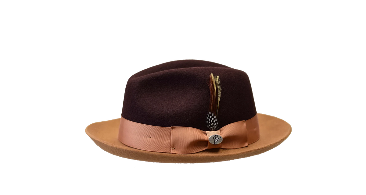Damien Collection 2-Tone Wool Felt Fedora Hat with Raw Edge Snap Brim – Dark Brown / Camel