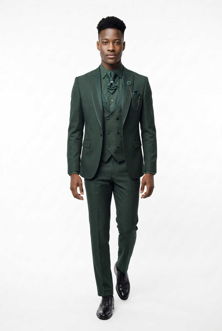 Made In Turkey Slim Fit Jacquard fabric Peak Lapel Collar Suit - Emerald Green