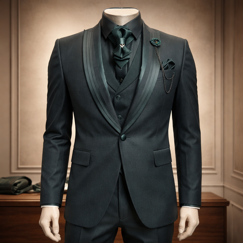Made In Turkey Slim Fit Jacquard fabric Peak Lapel Collar Suit - Emerald Green