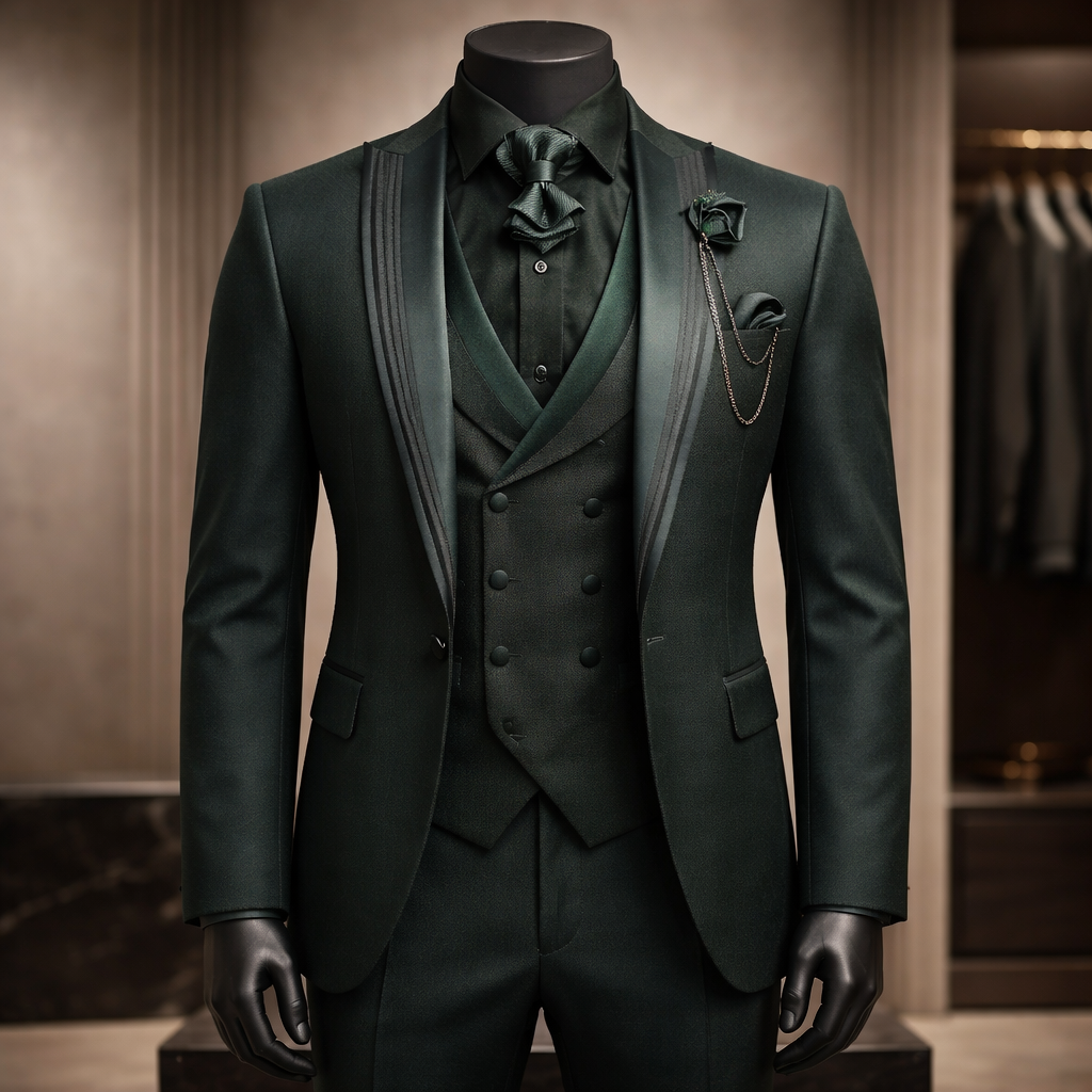 Made In Turkey Slim Fit Jacquard fabric Peak Lapel Collar Suit - Emerald Green