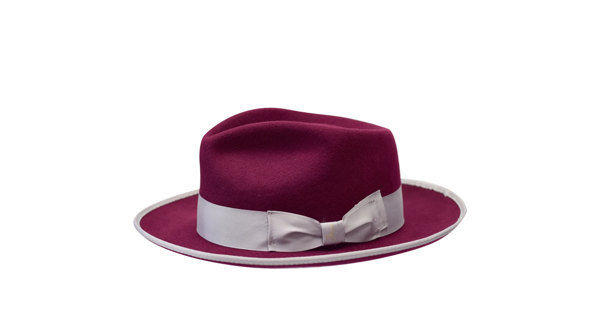 Night Hawk Collection Wool Felt 2-Tone Fedora Hat with Snap Brim – Burgundy / Silver