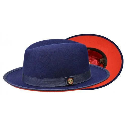 Princeton Collection Wool Felt Red Bottom Fedora Hat Snap Brim – Navy Blue/Red
