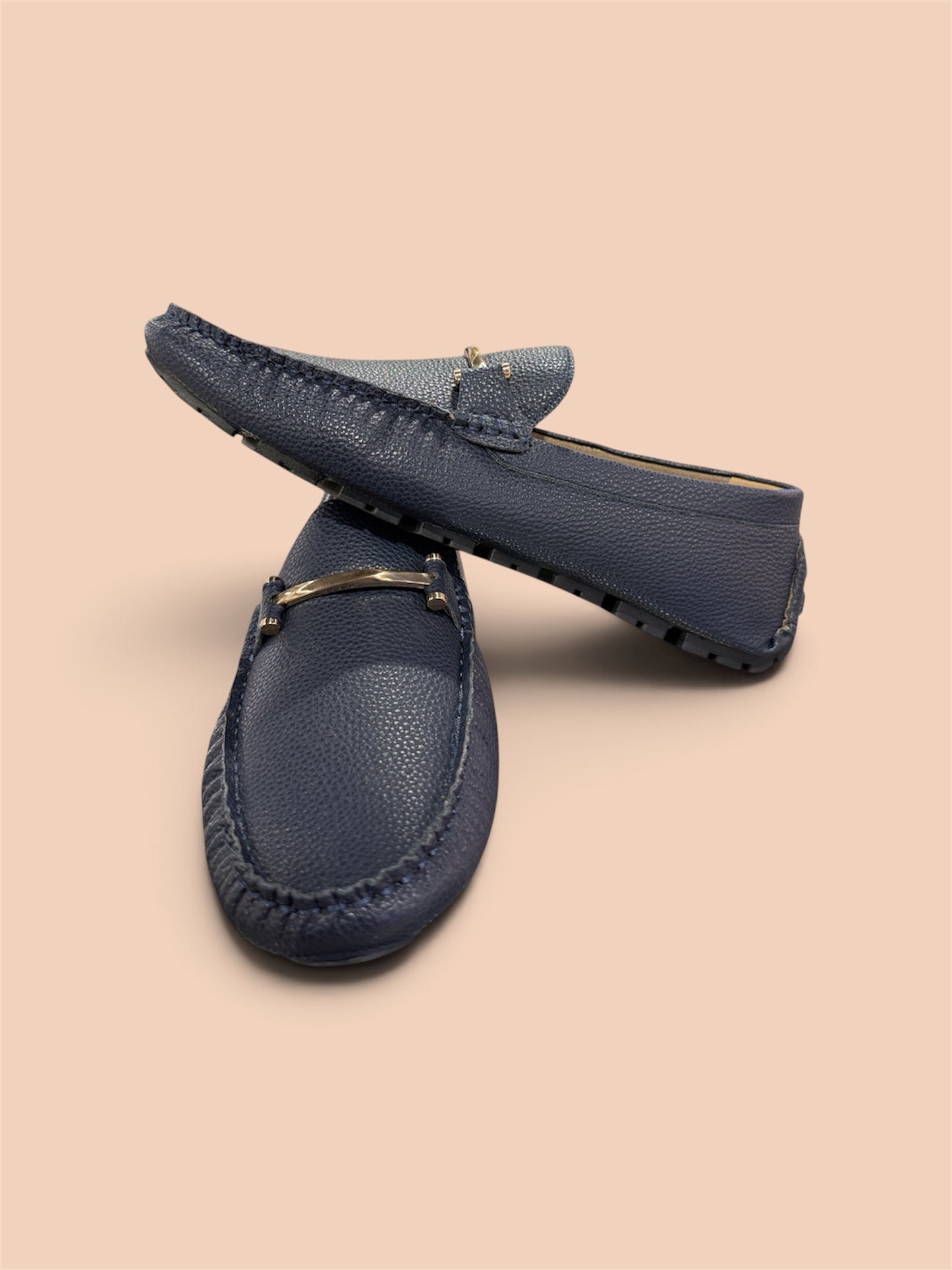 Navy Blue Sintra Style Slip-On Sandals with Metal Buckle
