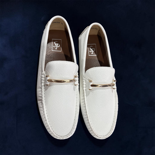 White Sinatra Style Slip-On Loafers with Metal Buckle