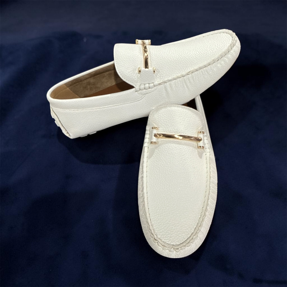 White Sinatra Style Slip-On Loafers with Metal Buckle
