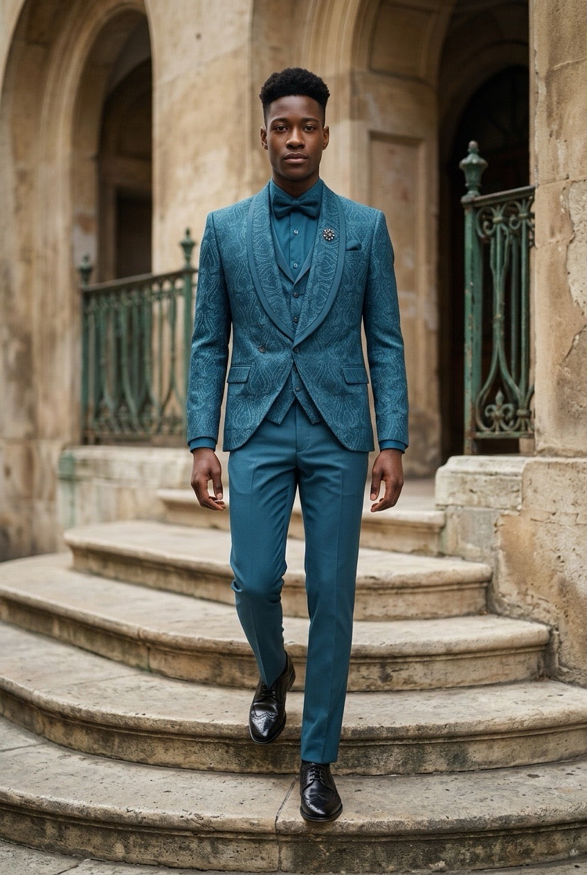 Made In Turkey Slim Fit Shawl Collar Suit - Teal Blue