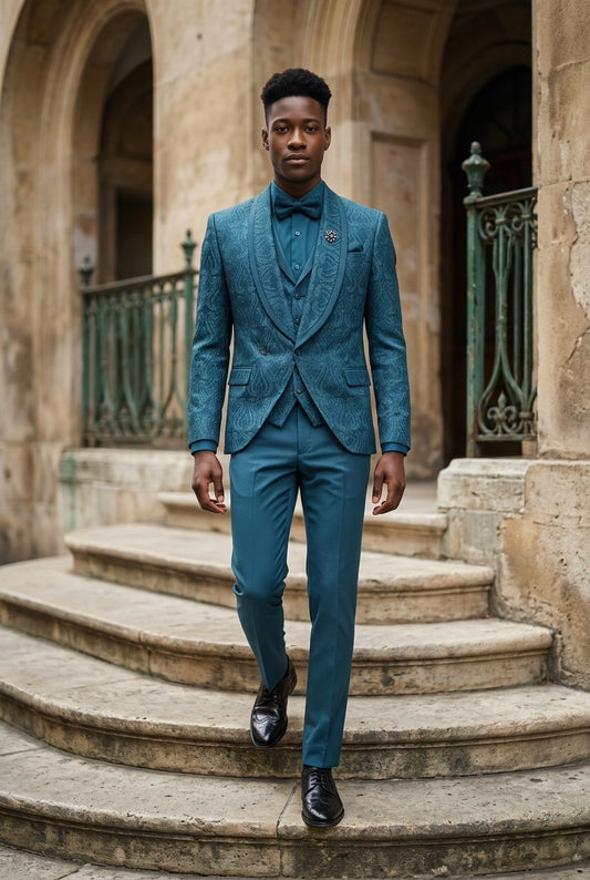 Made In Turkey Slim Fit Shawl Collar Suit - Teal Blue