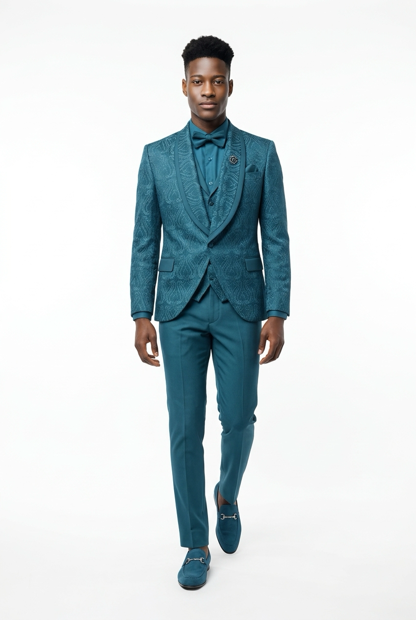 Made In Turkey Slim Fit Shawl Collar Suit - Teal Blue