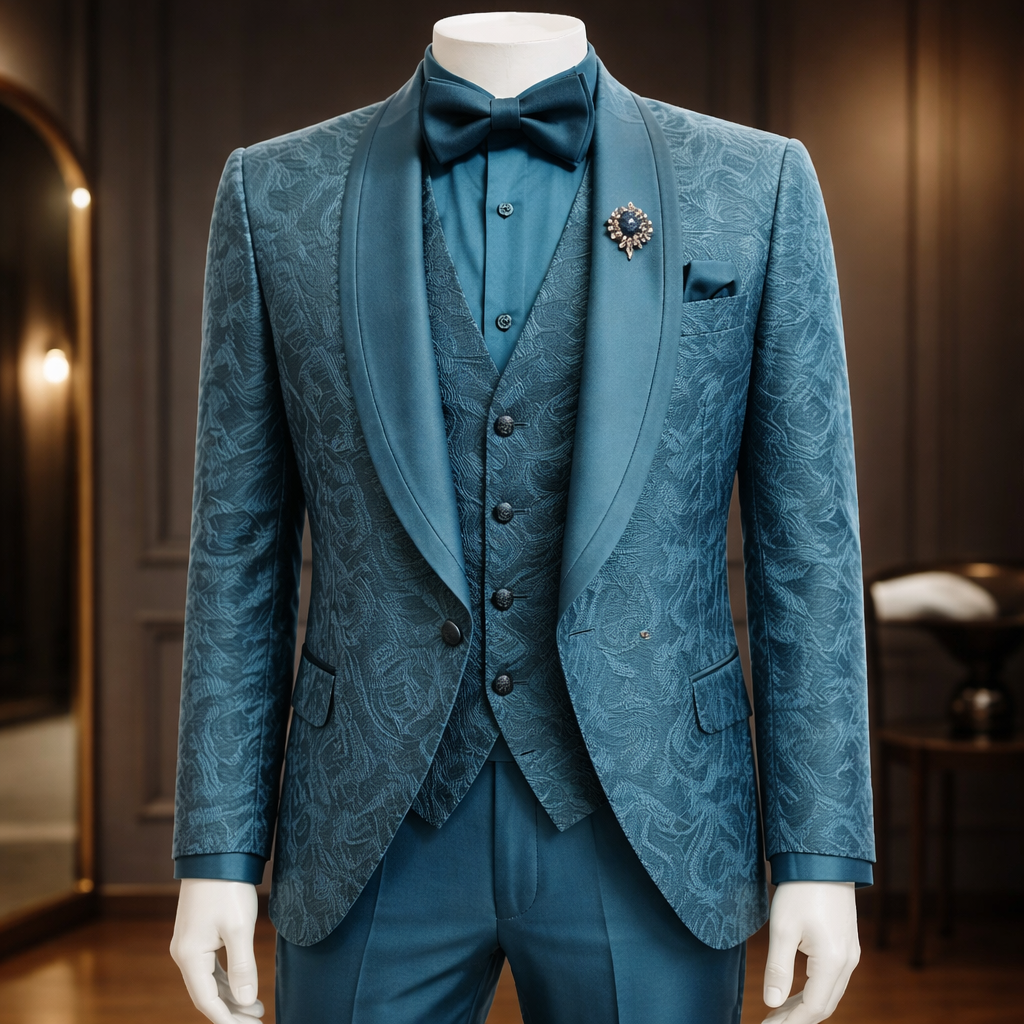 Made In Turkey Slim Fit Shawl Collar Suit - Teal Blue