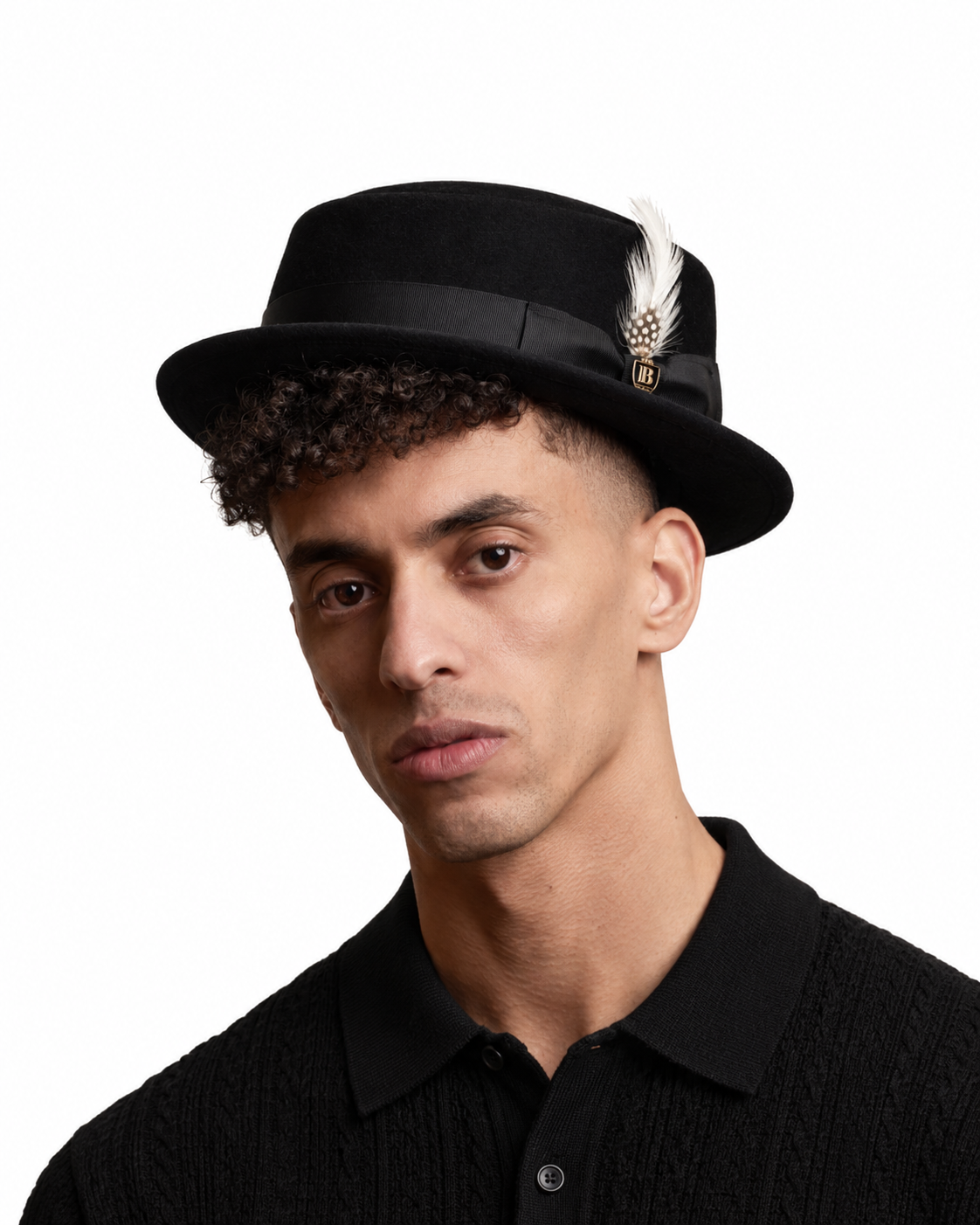 Man wearing black wool felt pork pie hat – front view