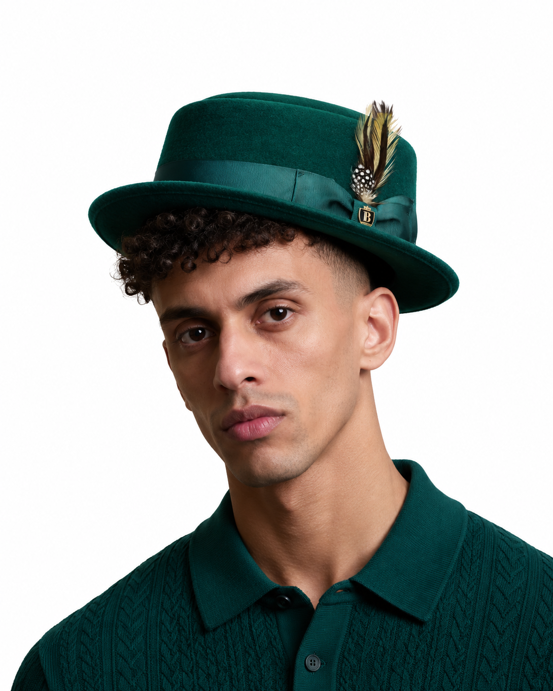 Man wearing green wool felt pork pie hat – front view