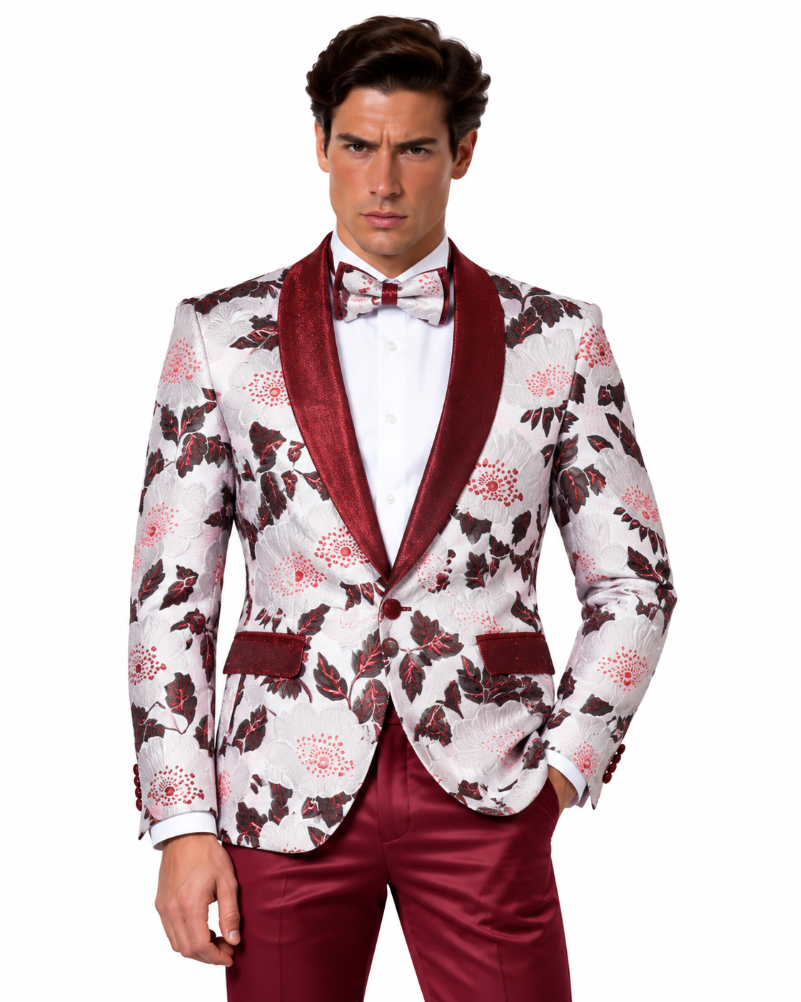 Manzini Men's Designer Blazer – White & Burgundy Floral - Manzini designer blazer photo 1 - a244ccd5-51ff-4262-b7e9-dd82046eff96.png