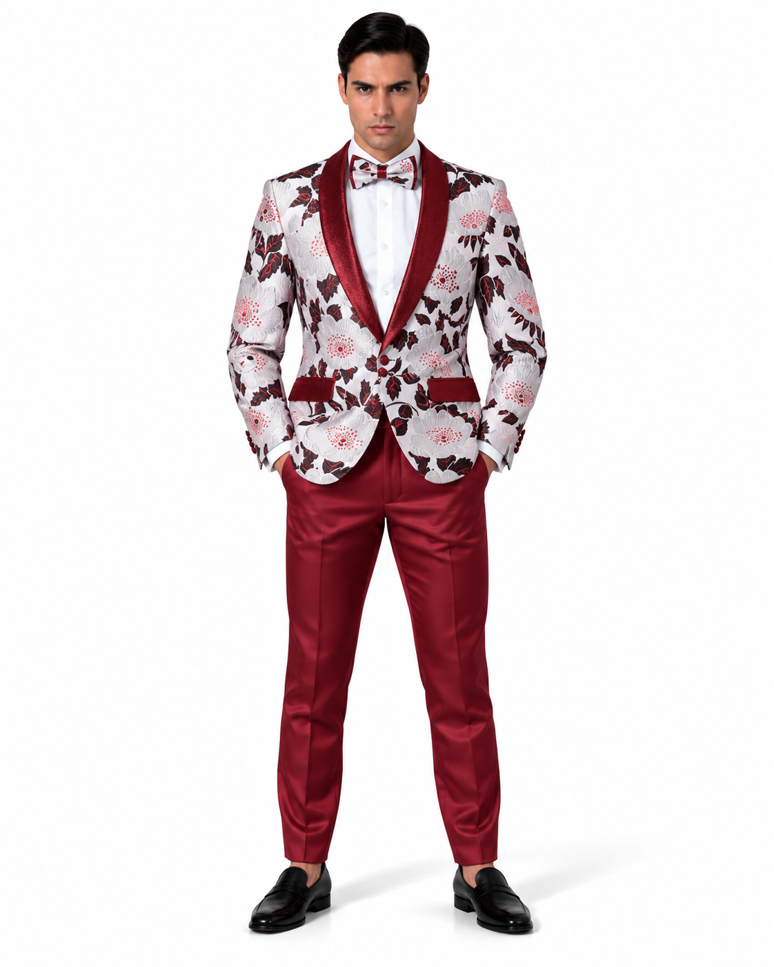 Manzini Men's Designer Blazer – White & Burgundy Floral - Manzini designer blazer photo 3 - a4b9da6b-9b0c-427f-aa7c-3c70bf394621.png