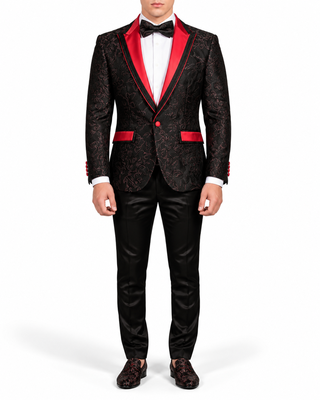 Manzini Men's Designer Blazer – Black Paisley with Red Lapel - Manzini designer blazer photo 2 - ae295781-b7fb-41f5-9602-7b9966e454f8.png