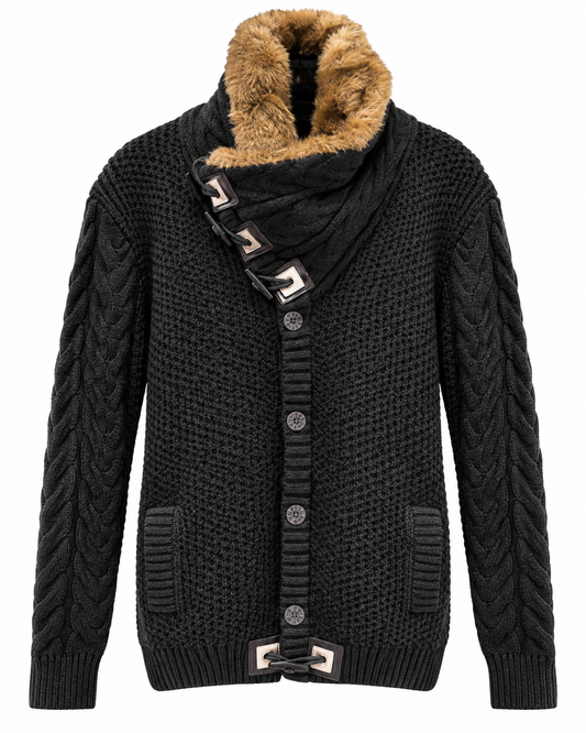 Bespoke Moda Men's Fur Collar Toggle Cardigan in Black – men's Bespoke Moda sweater at Turning Point, Baltimore